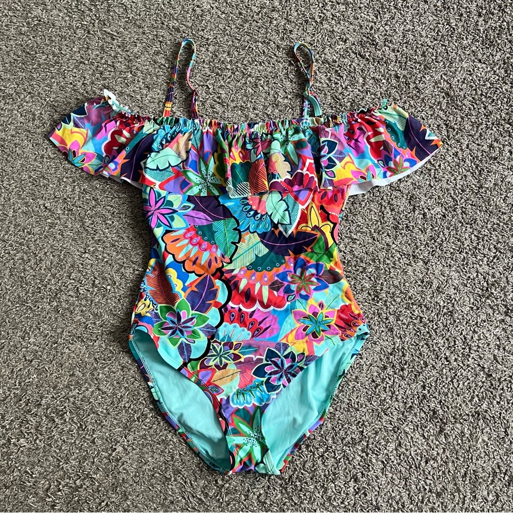 BLEU ROD BEATTIE MAKE IT POP RUFFLE SHOULDER LINED COLORFUL SWIMSUIT 8 NWT